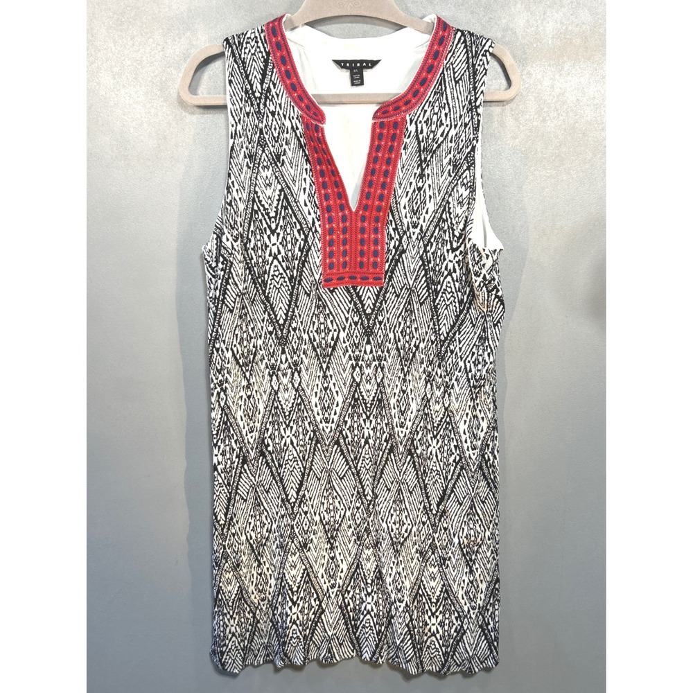 Tribal Sleeveless Shift Dress Black White Geometric Ikat Embroidered V-Neck 6L